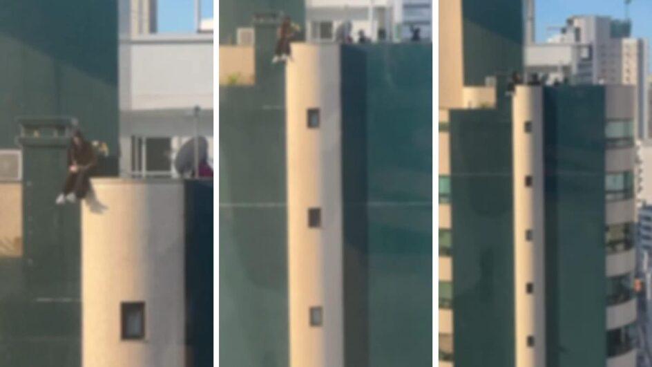 VÍDEO: Adolescente arrisca a vida sentada no topo de prédio em Balneário Camboriú
